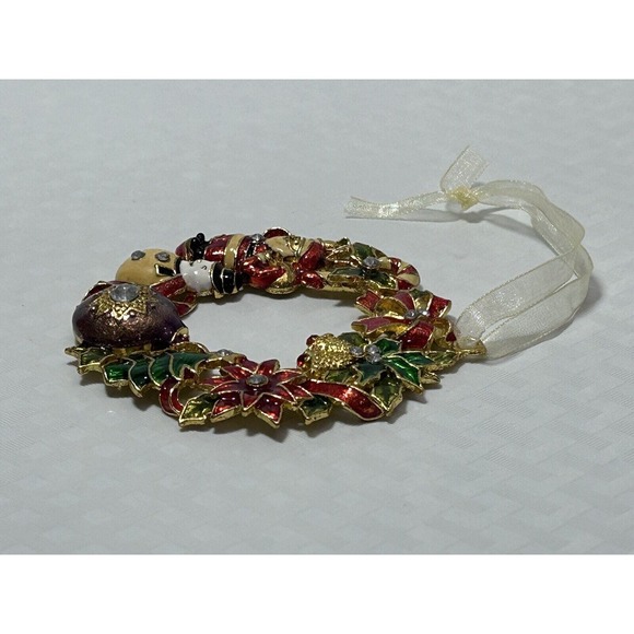 Gold Tone Metal Wreath Ornament Red Green Santa Snowman Bells Holly Ribbon - Picture 3 of 10